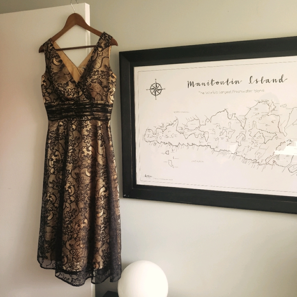 Gold Satin & Black Lace Dress